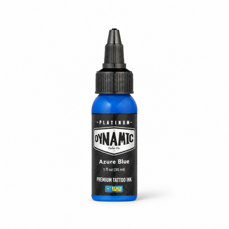 Platinum By Dynamic Tattoo Ink Azure Blue 30ml bottle on a white background with a natural shadow