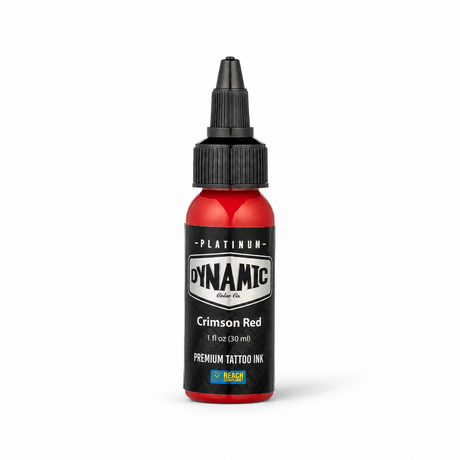 Platinum By Dynamic Tattoo Ink Crimson Red 30ml bottle on a white background with a natural shadow