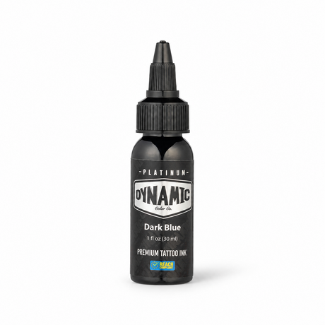 Platinum By Dynamic Tattoo Ink Dark Blue 30ml bottle on a white background with a natural shadow