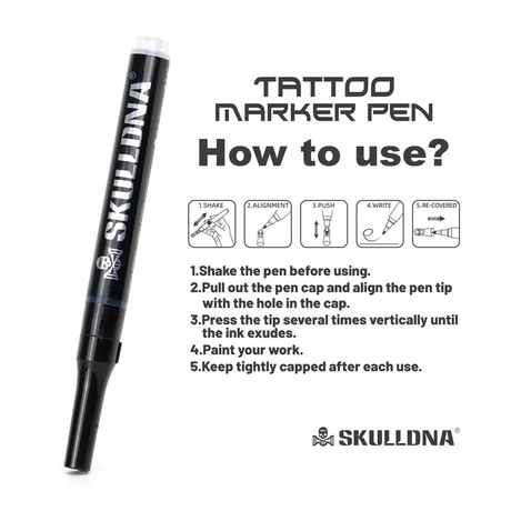 Blue SKULL DNA tattoo marker pen by AVA, showing a close-up of the precision tip with skull and DNA design on the pen body.