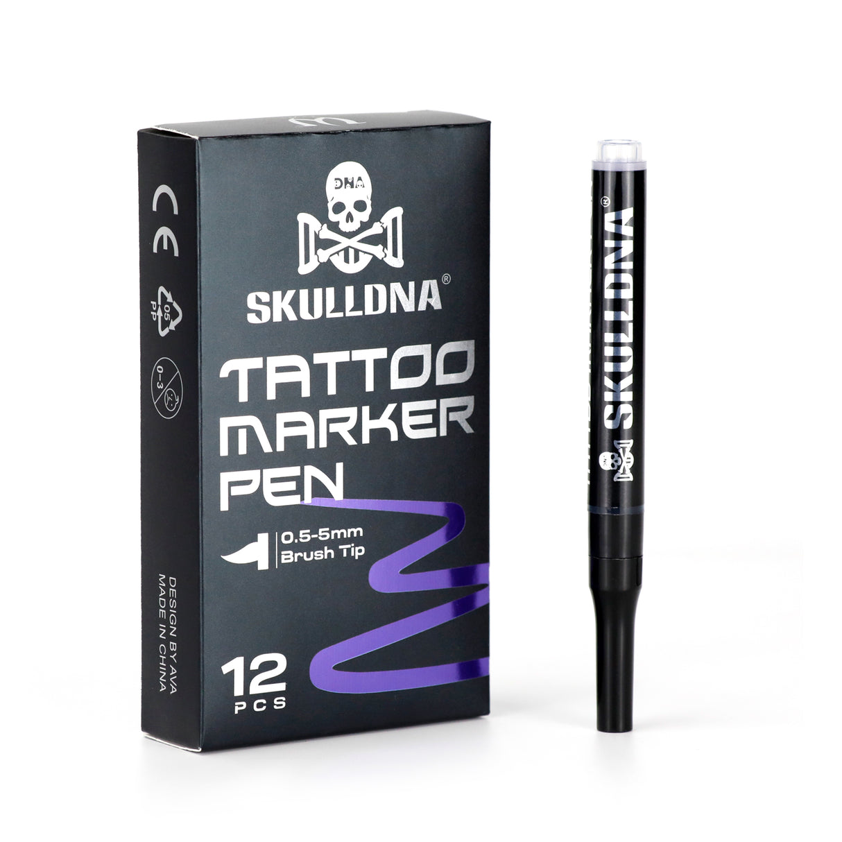 Blue SKULL DNA tattoo marker pen by AVA, featuring detailed skull and DNA designs, ideal for tattoo artists and body art.