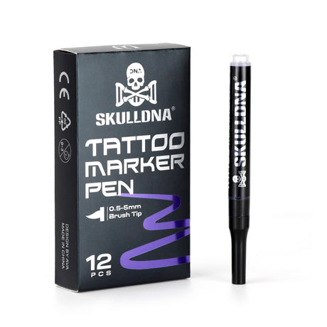 Blue SKULL DNA tattoo marker pen by AVA, featuring detailed skull and DNA designs, ideal for tattoo artists and body art.