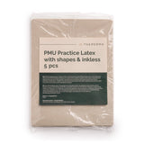 Set of five The Perma PMU Practising Skin sheets with printed brow shapes and outlines for tattoo practice.